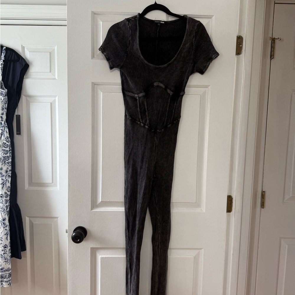 Fashion Nova Black Washed Short Sleeve Jumpsuit